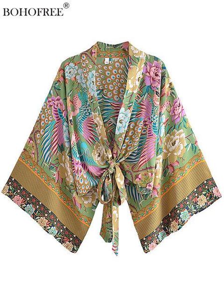 Mayo Vintage Boho Wrap Üstleri Yaz plajı örtbaslar Çat Tie Rayon Pamuk Kısa Kimono Bayanlar Mujer Ropa Bohem tarzı Etnik Kimono