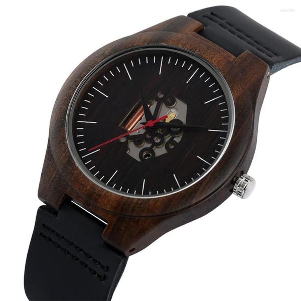 Нарученные часы Стильные черные деревянные часы Hollow Grvil Dial Quartz Men's Onuine Leather Shif