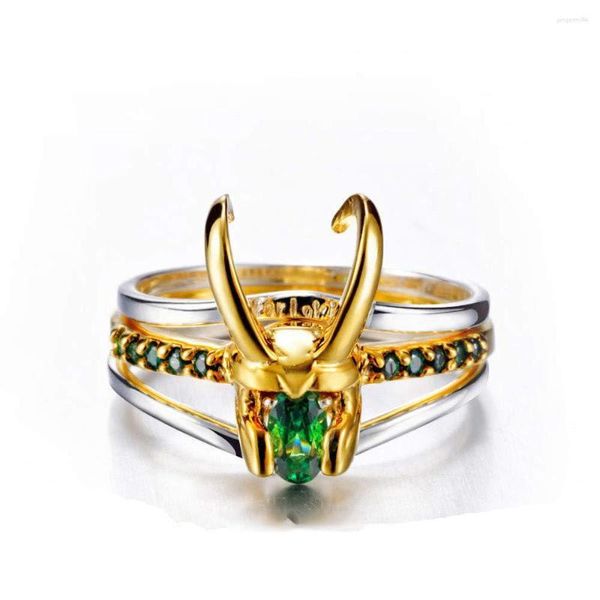 Ringos de cluster Loki anel de capacete de cristal de zircão verde para homens Mulheres Cosplay Halloween Party Gifts Jóias unissex US 6-14