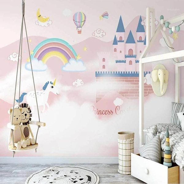 Carte da parati Camera da letto per bambini Decorazioni per la casa Carta da parati murale Carta da parati 3D Pink Castle Dream Air Balloon Camera dei bambini Sfondo Adesivi murali Papel De