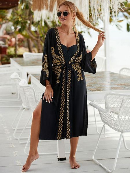 Bademode EDOLYNSA Schwarzer Vintage Goldener bestickter langer Kimono Cardigan Bikini Coverups Wickelkleid Strandkleidung Badeanzug Cover Up Q1489