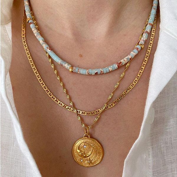 Kolye Kolyeleri Ay Yıldız Para Kolye Kadınlar için Doğal Taş Boncuklar Vintage El Yapımı Mücevher Yeşil Moonstone Mavi Mücevher