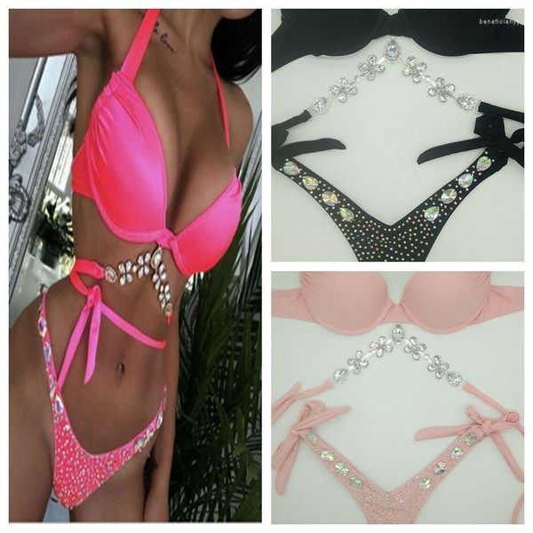 Damen Bademode 2023 Urlaub Rosa Sexy Bikini Set Diamant Strass Bandage Badeanzug Bling Stones Beachwear Maillot Swim