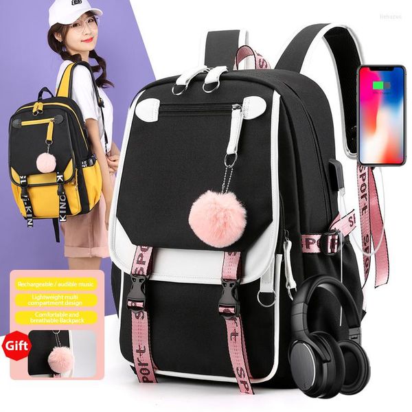 Bolsas escolares shujin backpack grande para meninas adolescentes USB Charging School School School Student Bookbags Fashion Black Pink Teen College Laptop