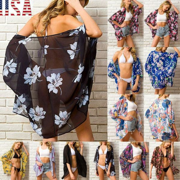 Roupa de banho 2020 nova moda feminina senhoras floral praia quimono blusa chiffon cardigan xale bikini cobrir beachwear kaftan vestido curto