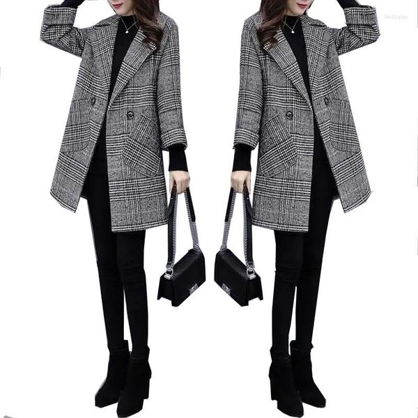 Damen Trenchcoats Damen Plaid Wollmantel Mittellang Lose 2023 Herbst Winter Mode Temperament Wolle Femme Outwear B4