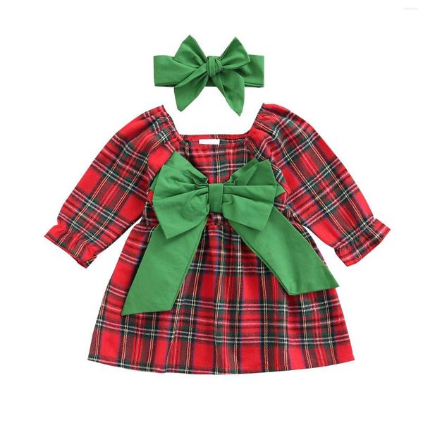 Mädchen Kleider Baby Mädchen Kleid Mit Stirnband Lange Ärmel Plaid Große Schleife Für Casual Täglich 3M-3T 2023 mode