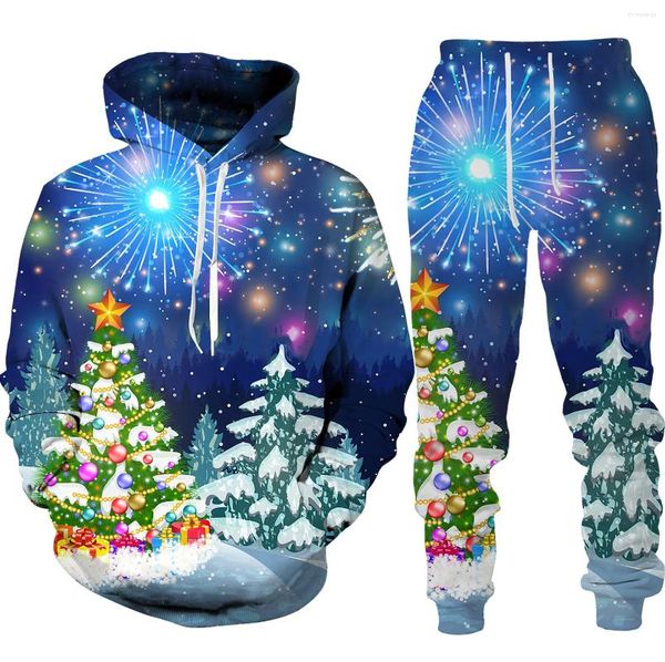 Tute da uomo Inverno Natale 3D Stampato Uomo Donna Felpe con cappuccio Set Streetwear Casual Pullover Allentato Jogging Tuta Felpe Pantaloni lunghi