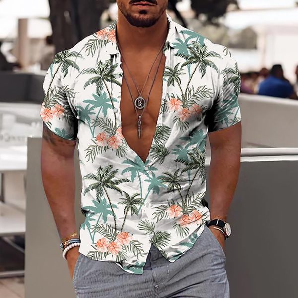 Camisas casuais masculinas masculino havaiano Henry Holiday Tops Tops de manga curta harajuku coconut árvore impressão vneck ts 230511