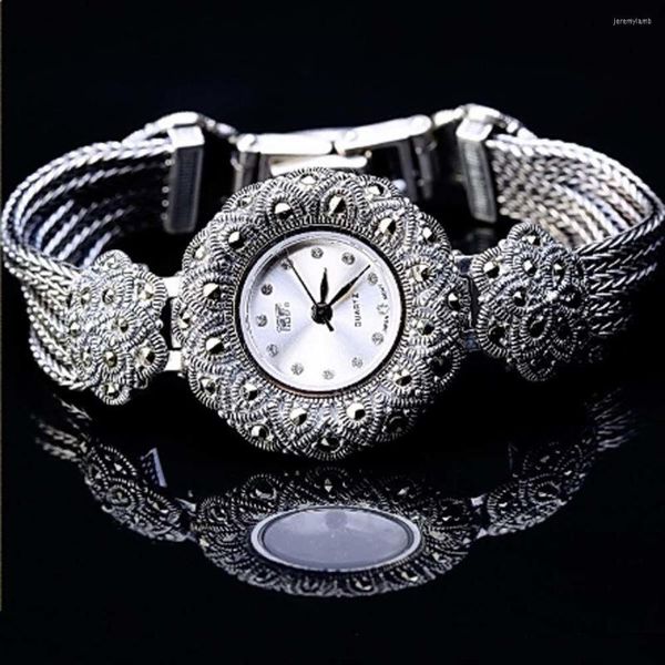 Нарученные часы ретро стиль стерлинговой серебряный серебряный браслет Thai Craf
