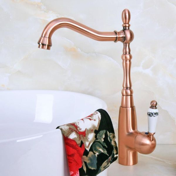 Rubinetti da cucina Rubinetto per lavabo in rame rosso antico Maniglia monocomando Beccuccio girevole Lavandino del bagno e rubinetti per acqua fredda 2nf633