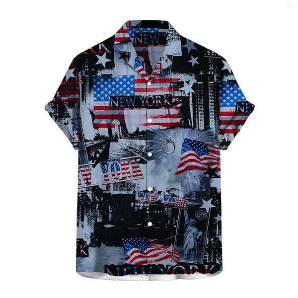 Camisas casuais masculinas bandeira dos EUA Camisa solta Men Beach 4 de julho do Dia da Independência Hawaii Manga Curta Vintage Blouses de grandes dimensões