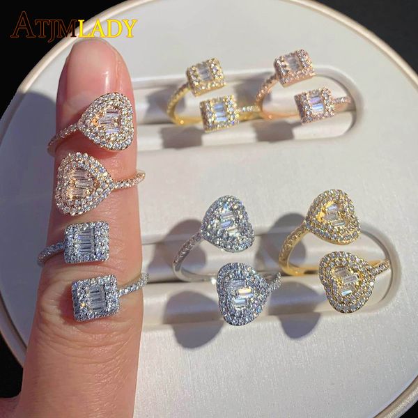 Anelli a fascia Iced Out Cuore regolabile AAA CZ Pietre Color argento Quadrato Gioielli di moda per la festa della mamma Per le donne 230511