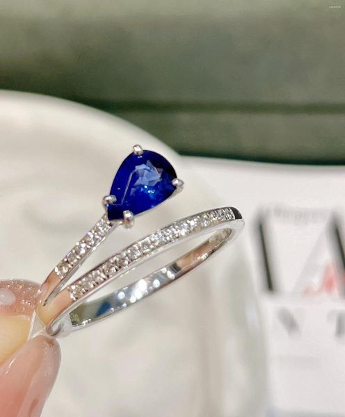 Кластерные кольца LR Blue Sapphire Ring 0,79CT Real 18k Gold Natural Decreate Royal Gemstone Diamonds Stone самка