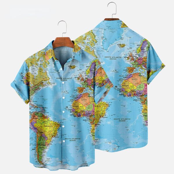 Camicie casual da uomo Summer World Map Stampa digitale Bottoni oversize Maniche corte Loose Slim Fit Fashion European Siz 230511