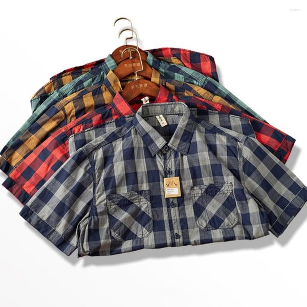 Herren Freizeithemden Vintage Plaid Kurzarmhemd Herren Mix And Match Taschenfarbe Patchwork Check Trend Halbarm