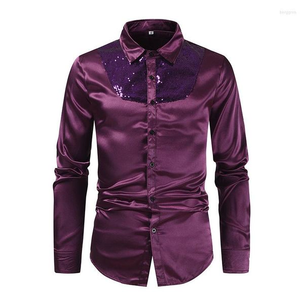 Camisas casuais masculinas roxo lantejoulas patchwork camisa de cetim de seda homens 2023 marca 70s disco festa dança vestido de casamento noivo baile de formatura chemise