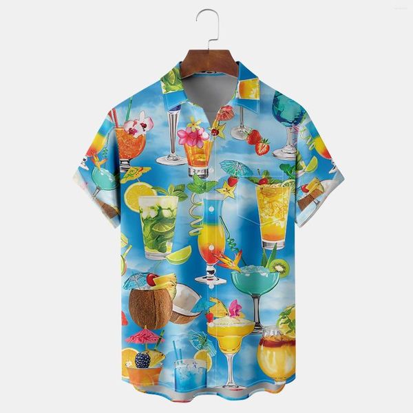 Camisas casuais masculinas camisa havaiana de férias Blusa 3D Cocktail Fun Print Summer para Men Beach Party Manga Short Tops Tees