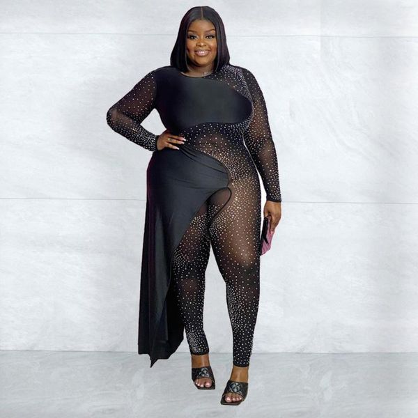 Pantaloni Plus Size Abbigliamento 2023 Sexy Silver Mesh Spliced Girocollo Tuta da donna grande Slim Black Club Abiti per donna