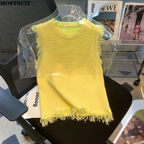 Coletes femininos de suéter de malha amarelo de verão Mulheres sem mangas O-pescoço