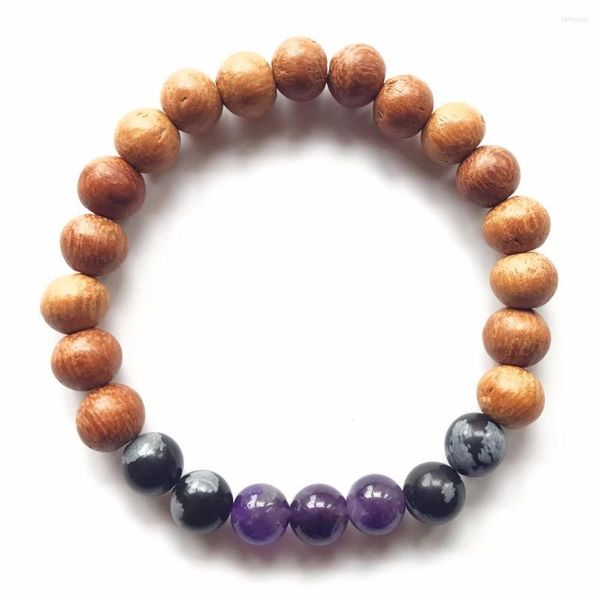 Bracciale in quarzo viola con fiocco di neve naturale, perline di legno, braccialetti da polso, gioielli da meditazione mala