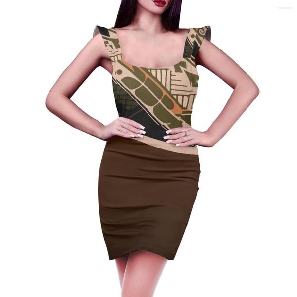 Lässige Kleider Polynesia Tribe Sommer 2023 Ärmelloses Trim Schwarzes Kleid mit quadratischem Kragen Elegante Tätowierungen Drucken Sexy Mode Rock für