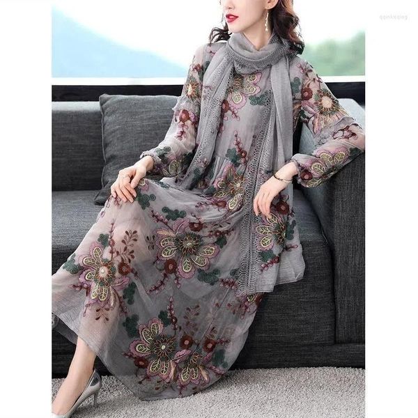 Sıradan elbiseler ağır endüstri nakış elbisesi kadınlar 2023 bahar moda gevşek bel ince mizaç anne uzunluğunda scarvesgray