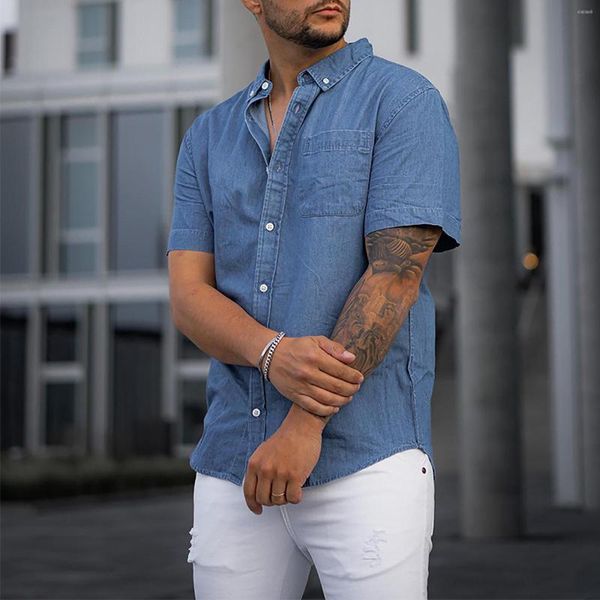 Camisas casuais masculinas Camisa de cor sólida masculina jeans Splicing manga curta LONCO T FUNHLE N APAREL