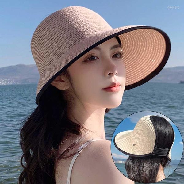 Breite Krempe Hüte Sommer Strohhut Für Frauen Einfarbig 11 cm Große Sonne Atmungsaktive Outdoor-Reise Leere Top Cap Magic Tape Strandbecken