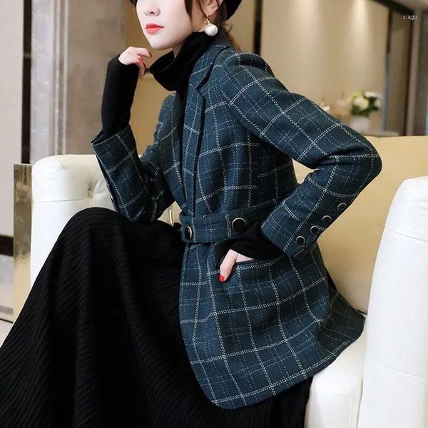 Damenwolle High-End-Qualität Herbst 2023 Dunkelgrün Retro Plaid Wolljacke Frauen Anzug Kragen Mantel Top Outwear Schärpen Weiblicher Blazer