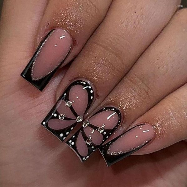 False unhas 24pcs quadrados franceses pretos Butterfly Designs de shinestone