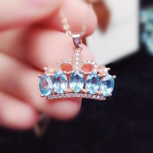 Medaglioni Ciondolo collana stile corona topazio blu reale naturale per gioielli 0,6 ct 5 pezzi pietre preziose argento sterling 925 Fine X216392 Medaglioni