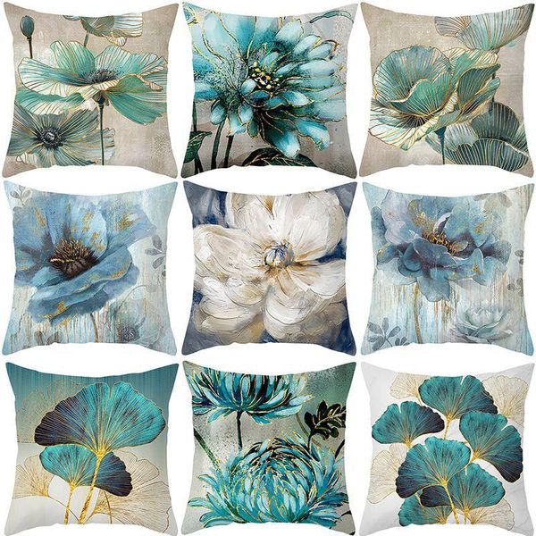 Kissen Nordic Blue Flower Prints Bezug Polyester Sofakissen Home Decor 45x45cm Ginkgo Biloba Leaf Throw Kissenbezug