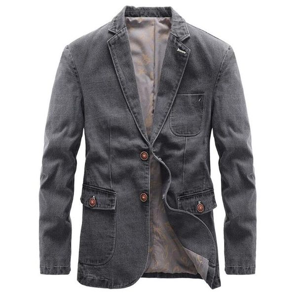 Herrenanzüge Blazer Hohe Qualität Vintage Denim Blazer 2023 Baumwolle Männer Einreiher Taschen Grau Casual Frühling Outwear Slim Man Cowboy