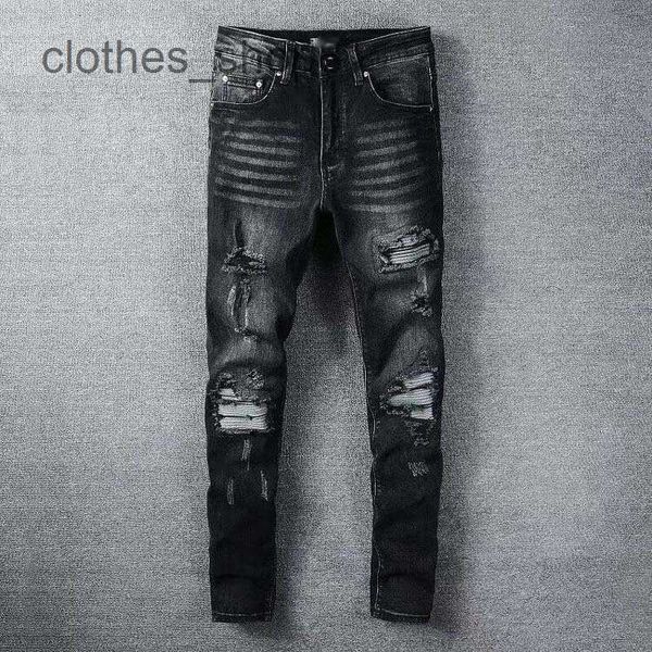 Calças de brim masculinas Jean Amirres Denim Mens Calças Desgaste Versão Coreana High Street Moda Masculina Juventude Black Hole Patch Micro Elastic Grandes Homens 7QM2