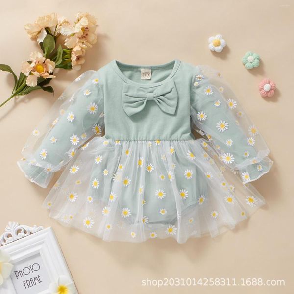 Mädchen Kleider Sunflower Mesh Bodysuit Kleid Rock Für Kinder Baby Mädchen Kleidung Langarm Bogen Strampler Kurzen Overall Party Strand Kleidung