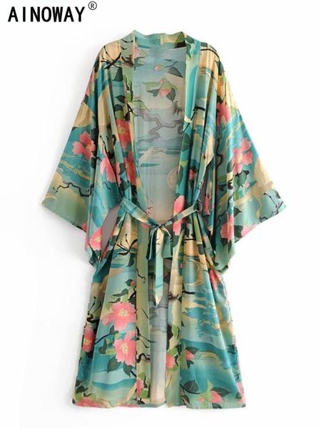 Cover-up Green Crane Floral Print Boho Kimono Kleid Frauen V-Ausschnitt Fledermausärmel Rayon Baumwolle Bohemian Beach Robe Coverups