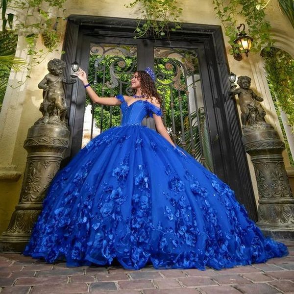 Azul royal quinceanera vestidos apliques de borboleta de miçangas fora do espartilho de laço de ombro baile doce 16 vestido vestido de 15 anos