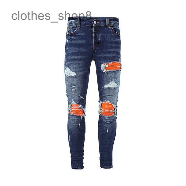 designer jeans jeans jean amirres denim maschi pantaloni high street street arancione in pelle arancione arancione taglio ginocchio a doppio ginocchio slp s eww2