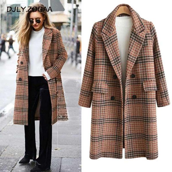 Misto lana da donna ZOGAA Autunno Inverno Donna Cappotto di lana scozzese di media lunghezza sciolto Donna Stile britannico Doppio petto Taglia grande Caldo lungo