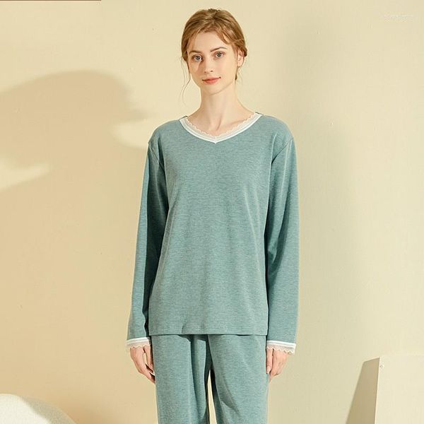 Damen-Nachtwäsche, Herbst-Winter-Frauen-Spitze-Patchwork-Pyjama-Sets, weiblicher warmer Anzug, Langarm, V-Ausschnitt, Kragen, T-Shirt, Hose, XXL