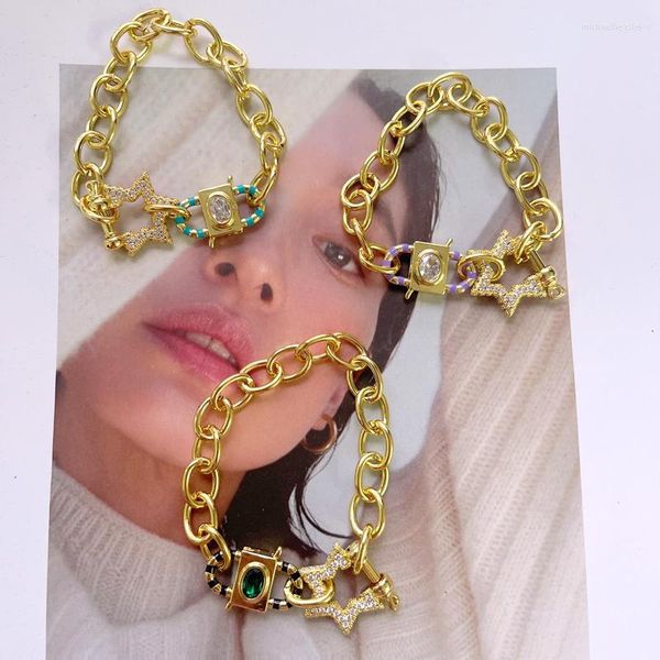 Braccialetti di collegamento Trend Personalizzazione Moda Zircone Stella Ottone placcato oro Braccialetti con serratura Gioielli personalizzati con smalto