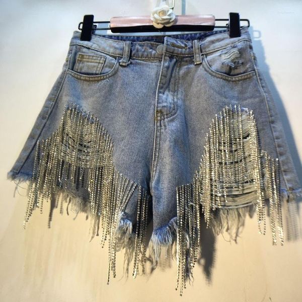 Damen-Jeans, Sommer-Jeansshorts mit zerrissenen, hoch taillierten Rhinedones-Quastenketten, schmal geschnittene Damen-Jeansshorts