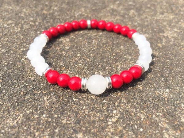 Braccialetto di perline in pietra naturale con filo 6 mm giada bianca corallo rosso yoga mala perline moda donna meditazione