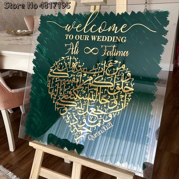 Decoração de festa Nomes de casais e datas de adesivos de parede de casamento árabe sinal de recepção da placa de vinil Muslim Welcome Love Heart Shape 230510