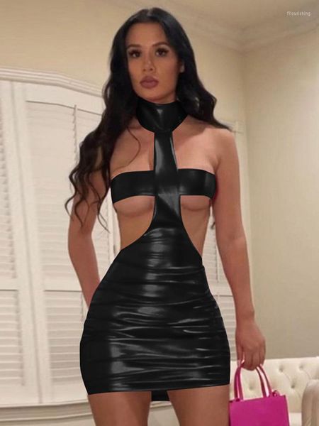 Lässige Kleider Sexy Halter Rückenfrei Solide Ärmellos Ausschnitt Figurbetontes Minikleid Frauen Party Club Outfits 2023 Sommer Schwarz Silber Streetwear