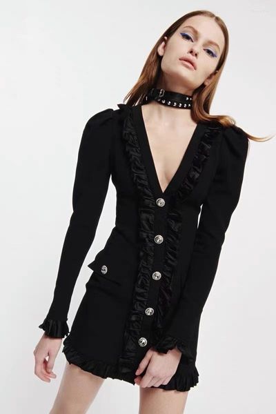 Vestidos casuais outono e inverno estilo britânico britânico botão de diamante modificado manga bolha vestido