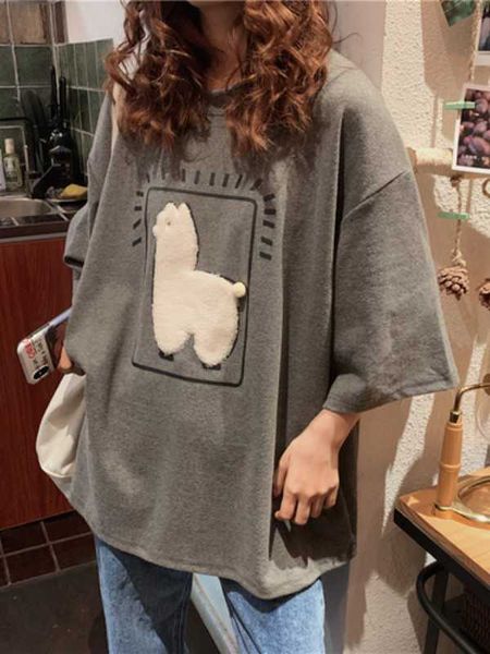 T-Shirt da donna Cartoon Alpaca Animal Stampato Casual Loose Oversize Stile coreano 2020 Summer Short Sleeve Women Top T-shirt da donna P230511