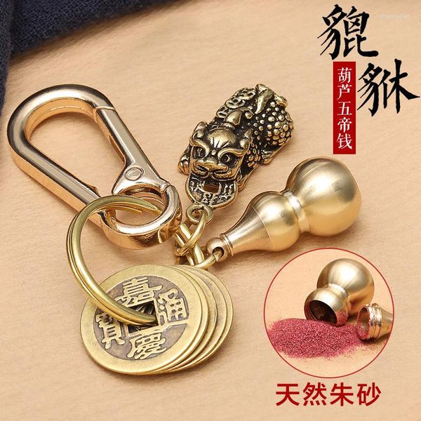 Chaves -chave de bronze puro Pixiu Gourd Keychain Cinnabar Cinco Imperadores Dinheiro Carro Pingente Pingente e Mulher Jóia Ring Ring Gift Wholesale