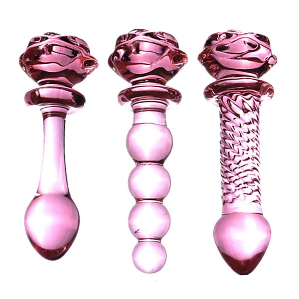 Giocattoli anali Dildo di vetro Rosa rosa a forma di fiore Vaginale anale Butt Plug Self Comfort Masturbatore Giocattoli del sesso per donna 230511